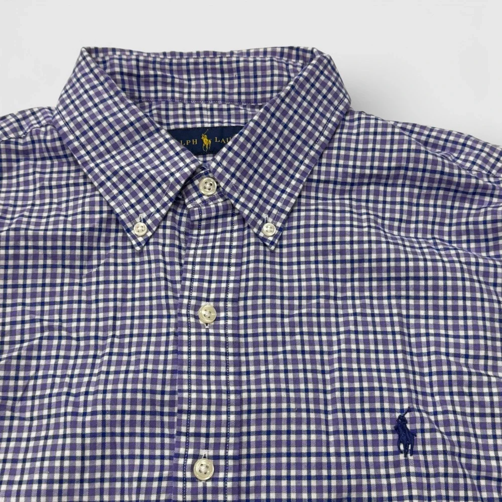 Polo Ralph Lauren Mens Gingham Button Down Shirt Long Sleeve Purple Large Cotton
